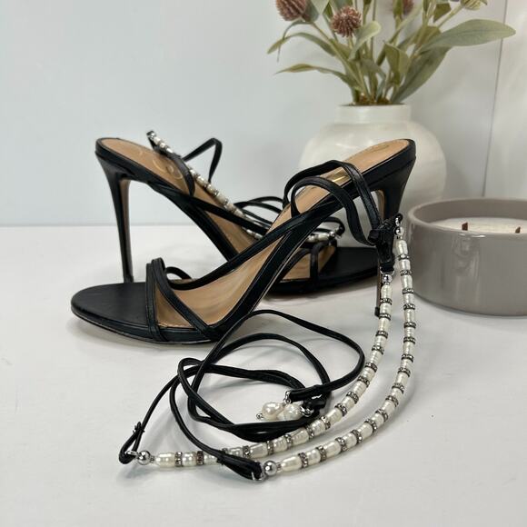 Sam Edelman Scarlette Leather Beaded Ankle Wrap Heels Black/Pearl Women's 9 M - Picture 10 of 14